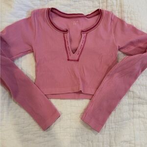Pink Long Sleeve Ribbed Crop Top